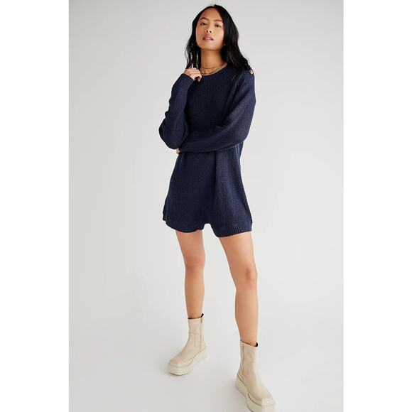 Free People Navy Blue Knit Forever Sweater Long Sleeve Romper S - Picture 1 of 7
